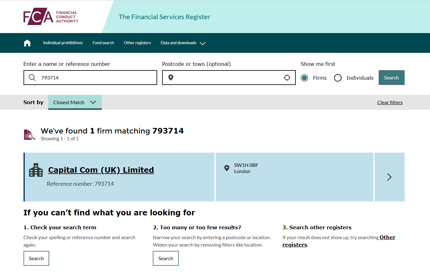 FCA Financial Services Register search for reference number 793714, showing Capital Com (UK) Limited