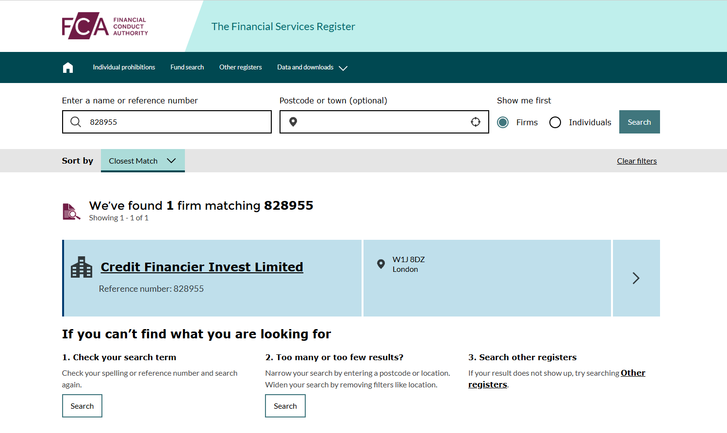 FCA Financial Services Register search for reference number 828955, showing Credit Financier Invest Limited