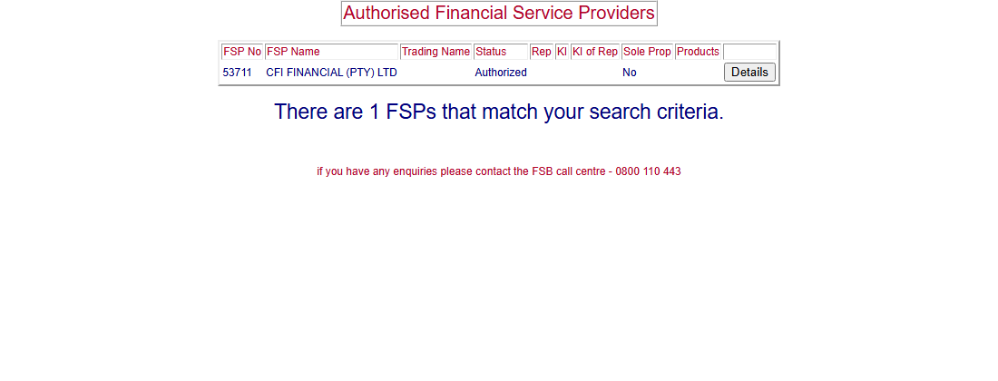 FSCA register result showing CFI Financial (Pty) Ltd, FSP 53711, status Authorized