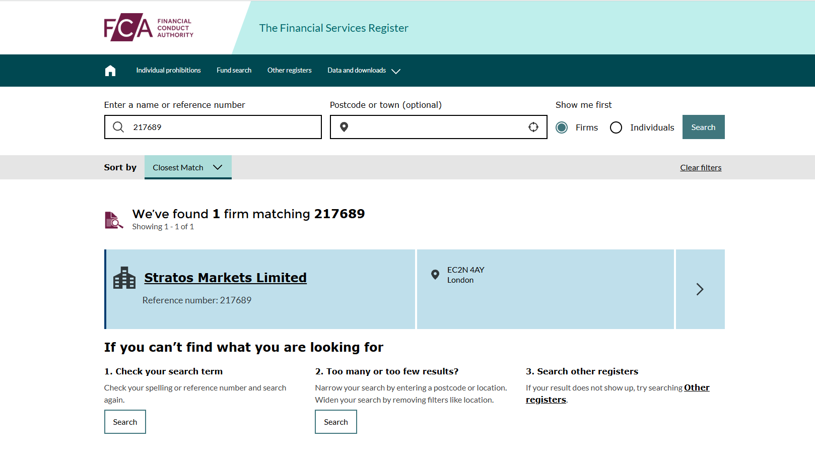 FCA Financial Services Register search for reference number 217689, showing Stratos Markets Limited