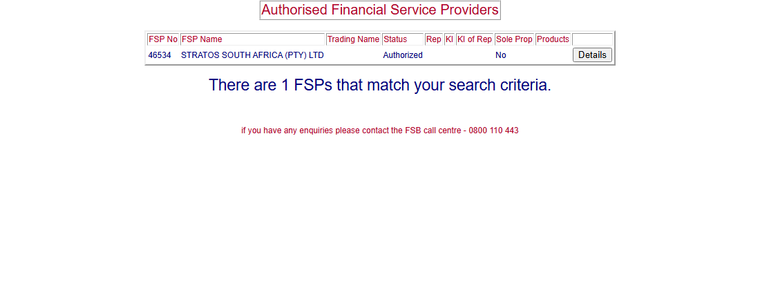 FSCA register result showing Stratos South Africa (Pty) Ltd, FSP 46534, status Authorized