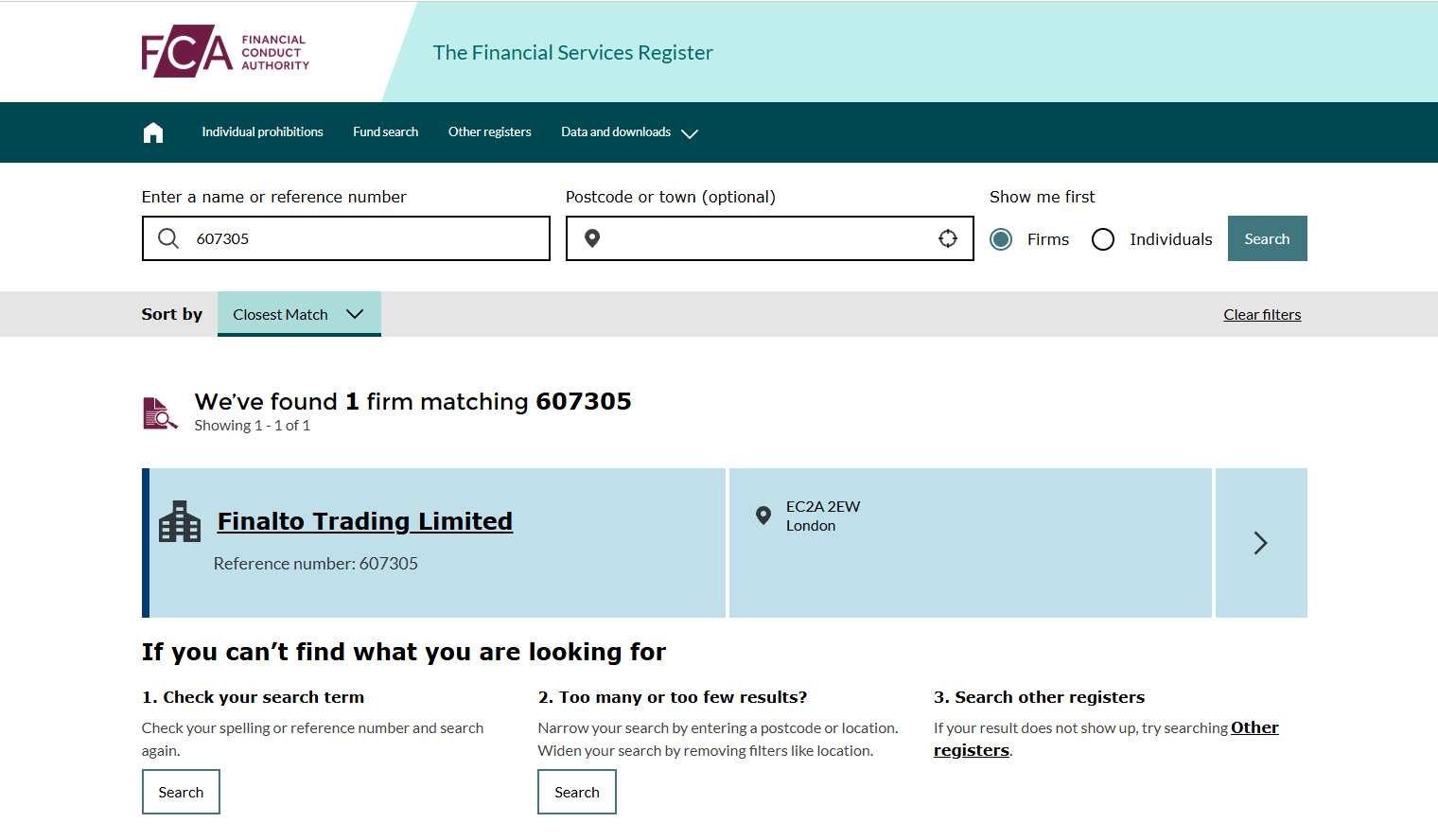 FCA Financial Services Register search for reference number 607305, showing Finalto Trading Limited