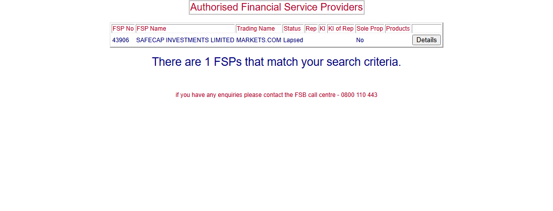 FSCA register result showing Safecap Investments Limited, trading as Markets.com, FSP 43906, status Lapsed