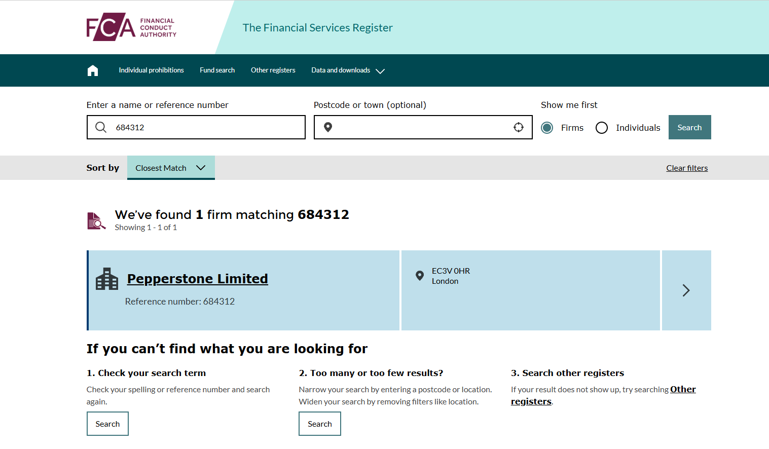 FCA Financial Services Register search for reference number 684312, showing Pepperstone Limited