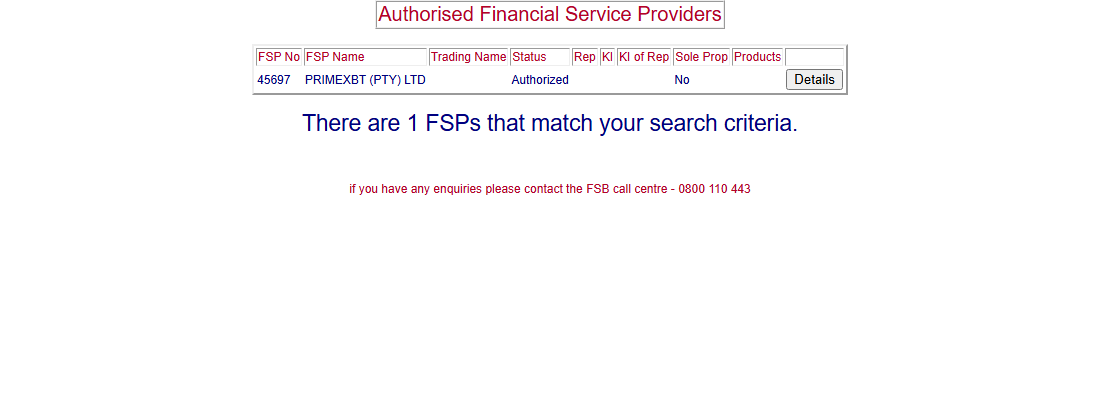 FSCA register result showing PrimeXBT (Pty) Ltd, FSP 45697, status Authorized