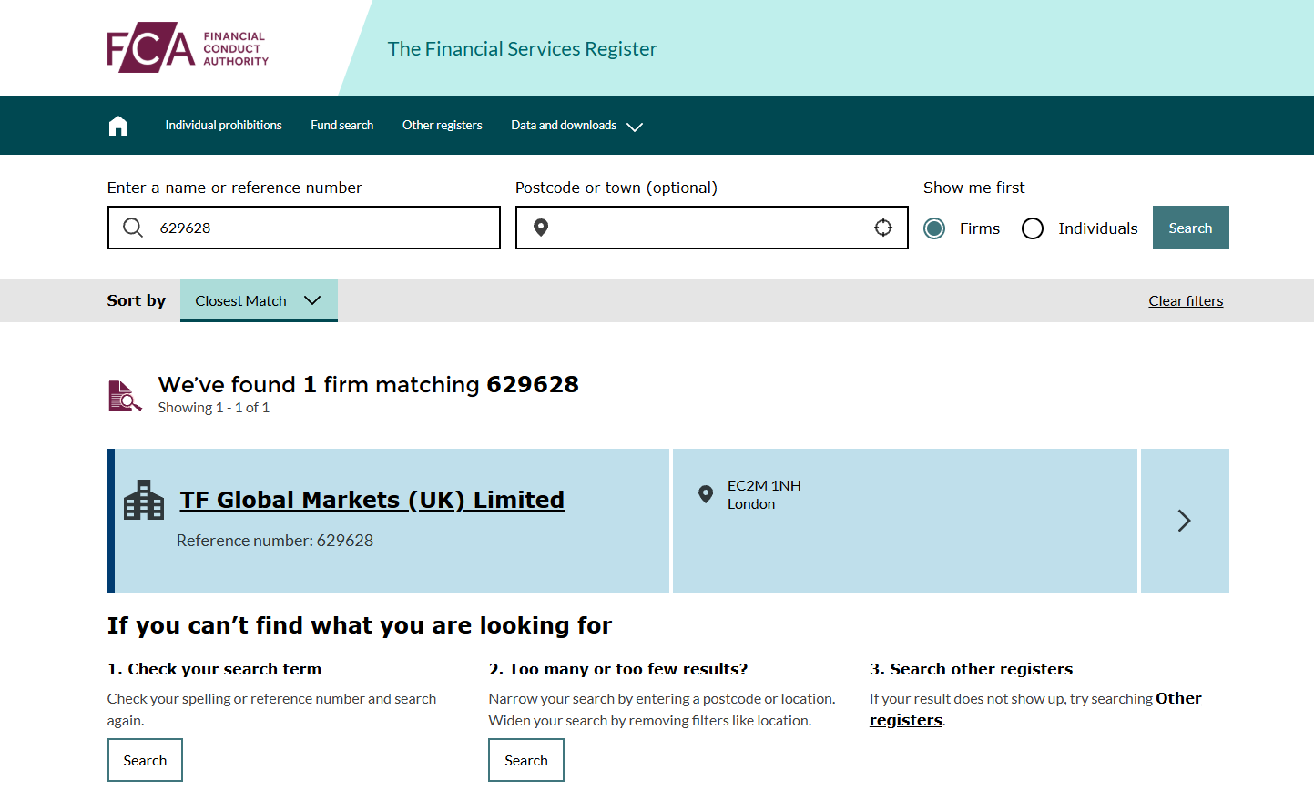 FCA Financial Services Register search for reference number 629628, showing TF Global Markets (UK) Limited