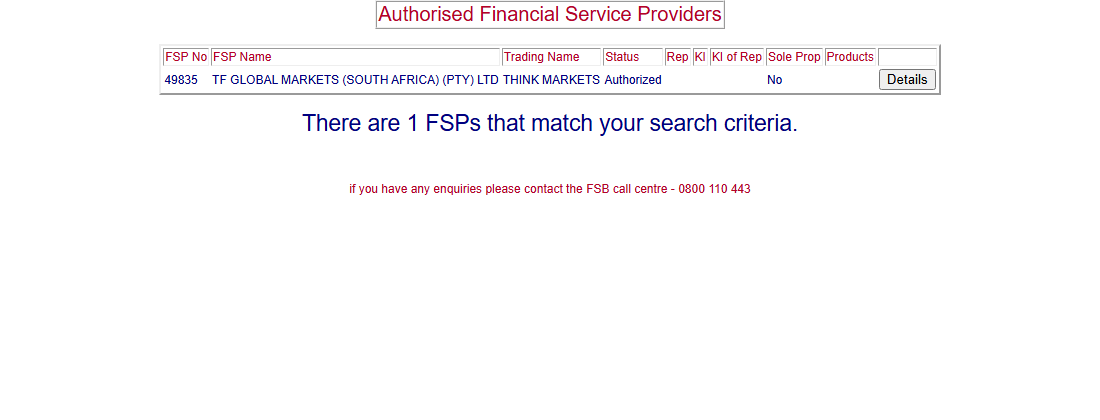 FSCA register result showing TF Global Markets (South Africa) (Pty) Ltd, trading as Think Markets, FSP 49835, status Authorized