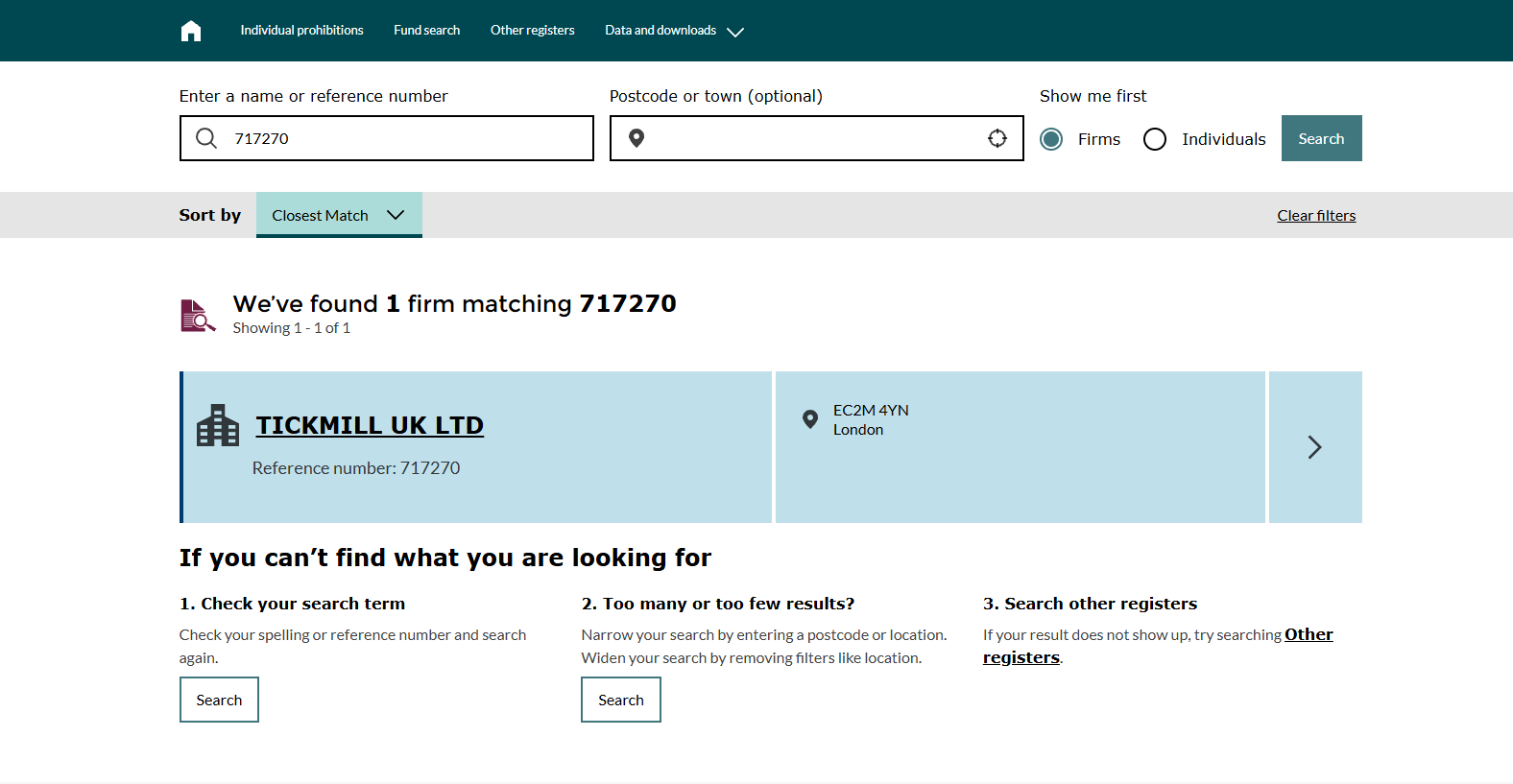 FCA Financial Services Register search for reference number 717270, showing Tickmill UK Ltd