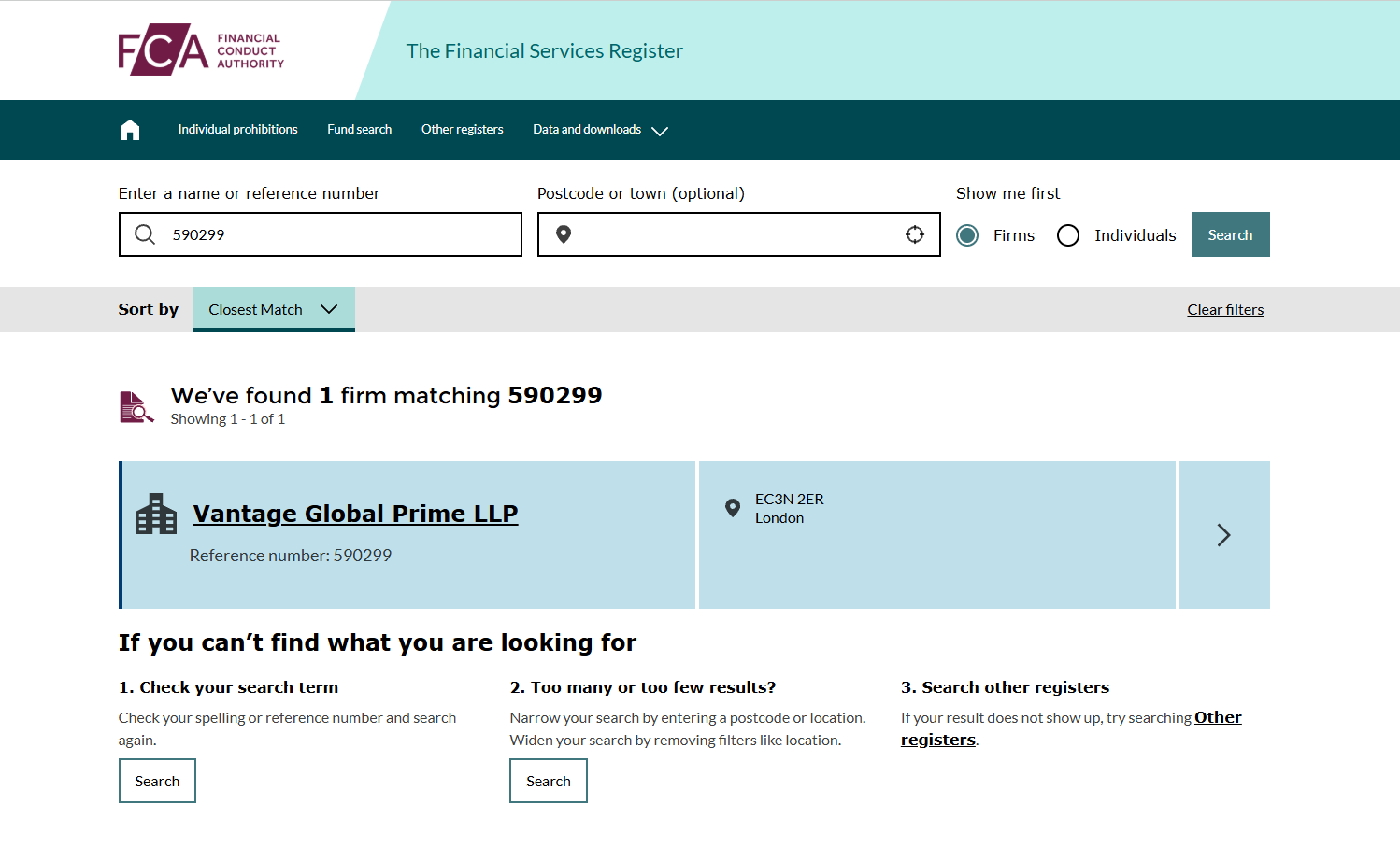 FCA Financial Services Register search for reference number 590299, showing Vantage Global Prime LLP