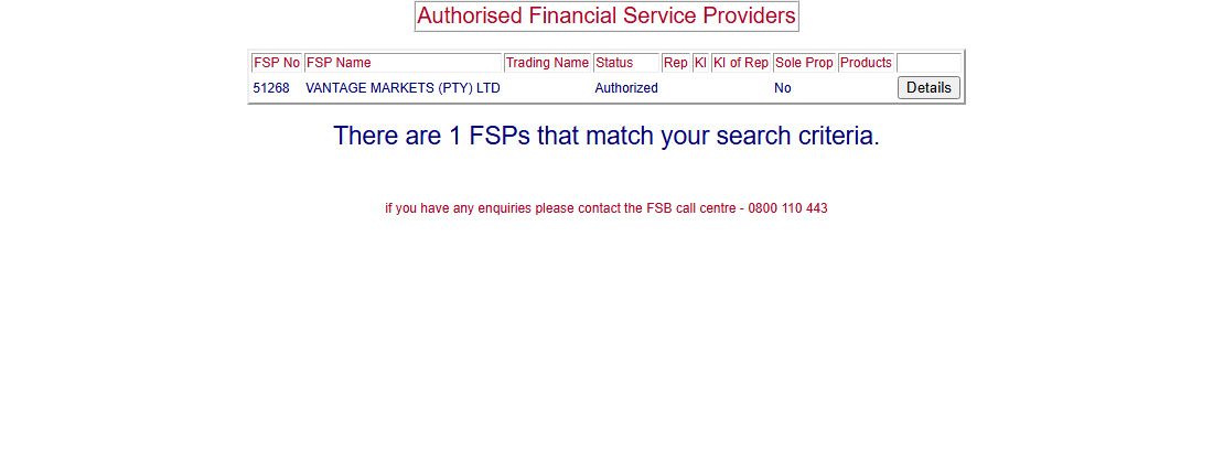 FSCA register result showing Vantage Markets (Pty) Ltd, FSP 51268, status Authorized